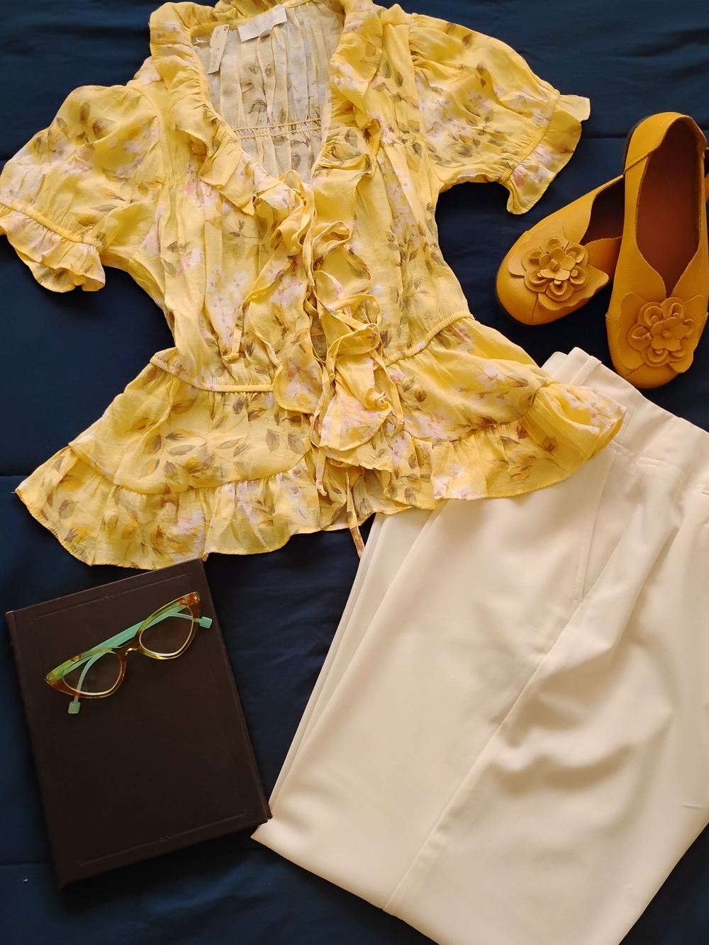 Yellow Ruffled Floral Blouse - And Slacks.